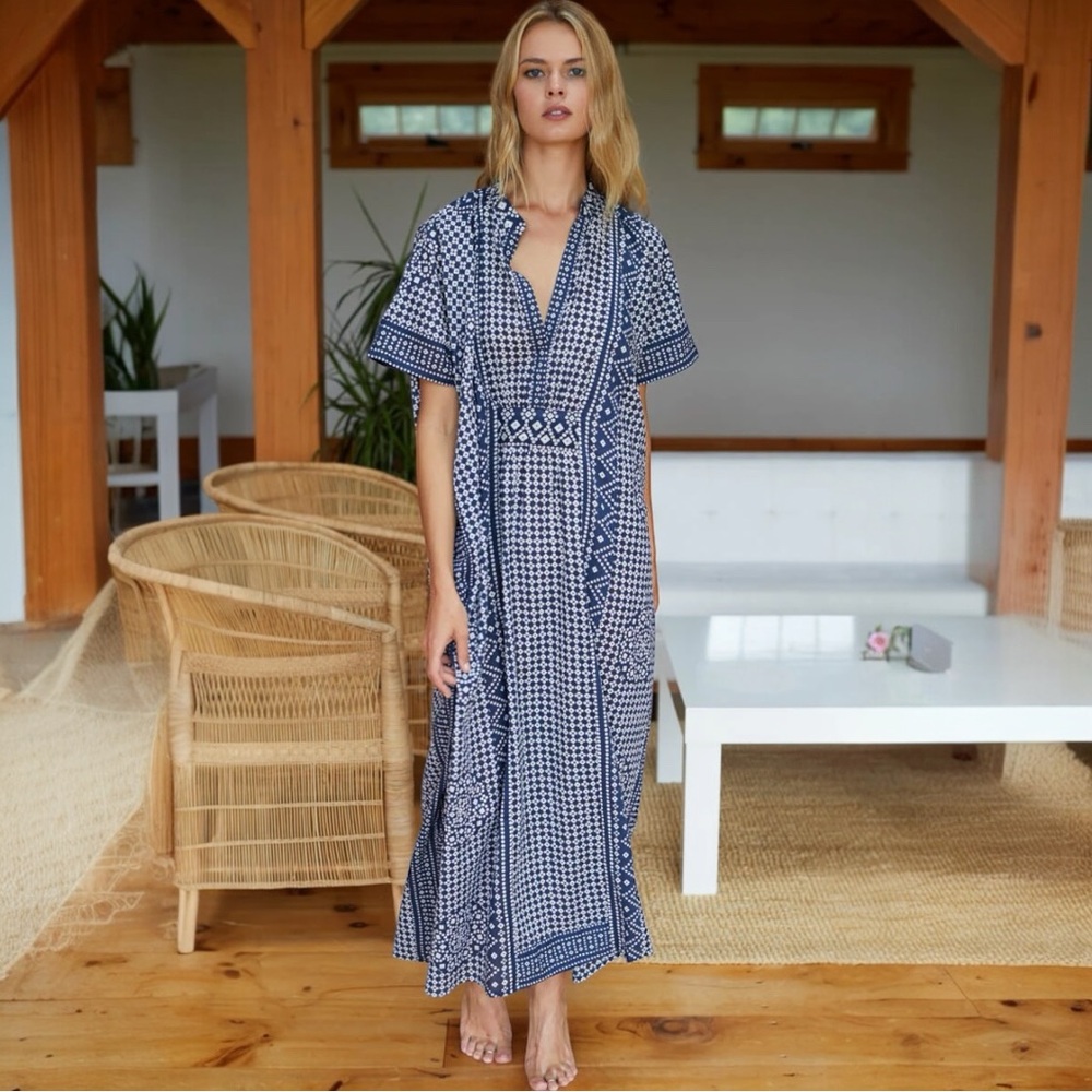NWOT Emerson Fry Navy and Cream Block Print Maxi Dress